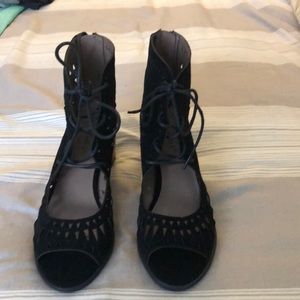 Black suede open toe booties